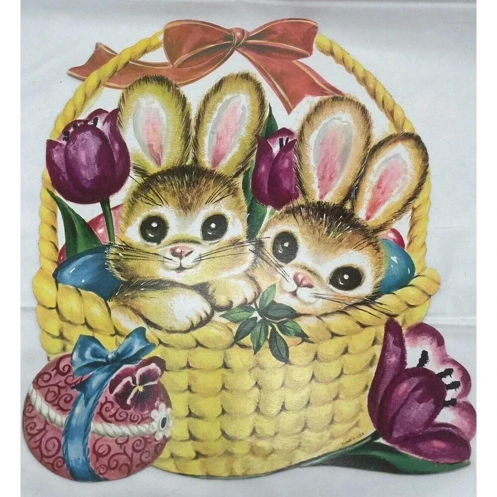 VTG Die Cut Cardboard Easter Decoration Brown Rabbits in Basket with Egg Tulips
